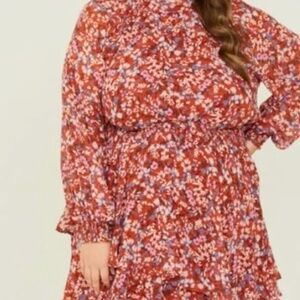 Arula Orange Red & Tan Multicolor Floral Smocked Long Sleeve Ruffled Dress NWT